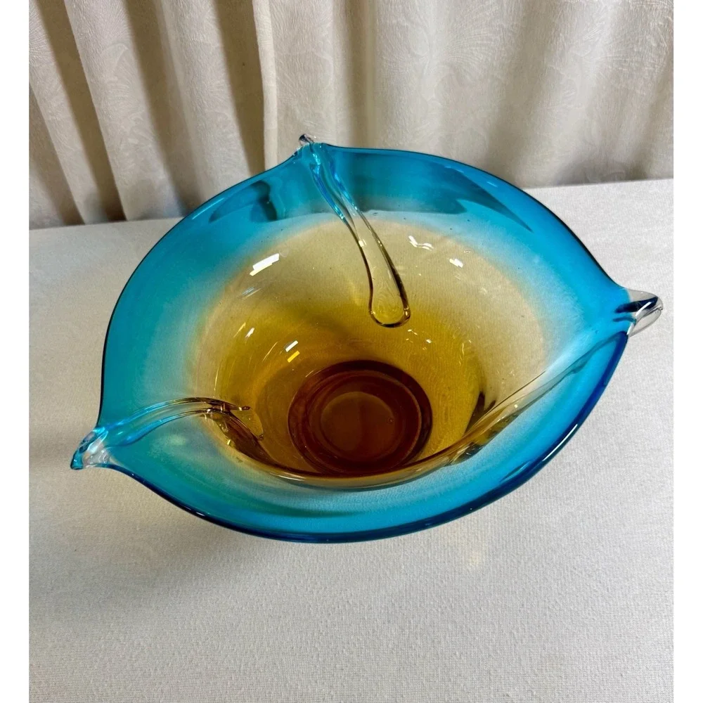Mid-Century Modern Hand Blown Art Glass Console Bowl in Turquoise and Amber